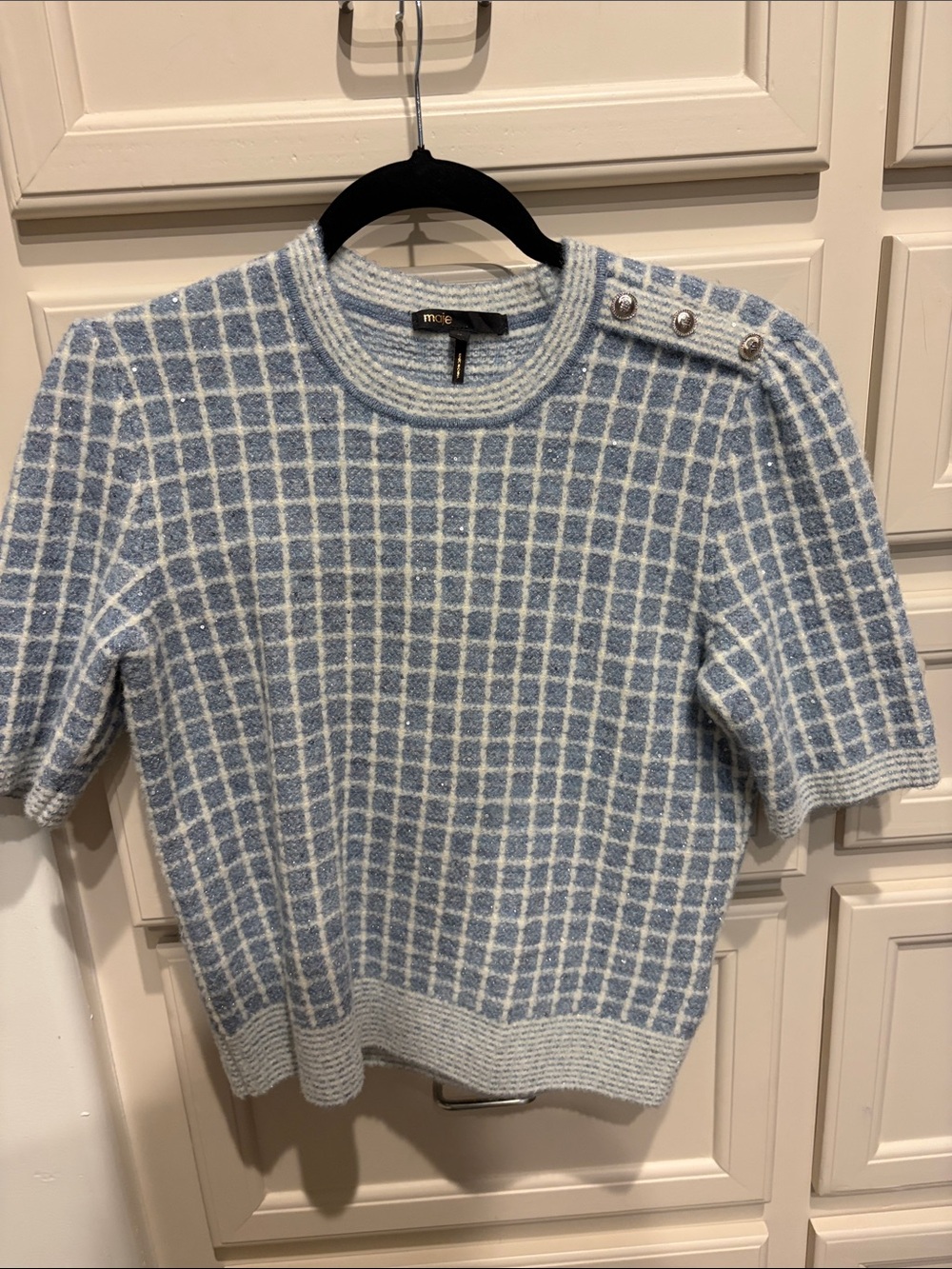 Maje Light Blue and White Windowpane Knit Top with Shoulder Buttons